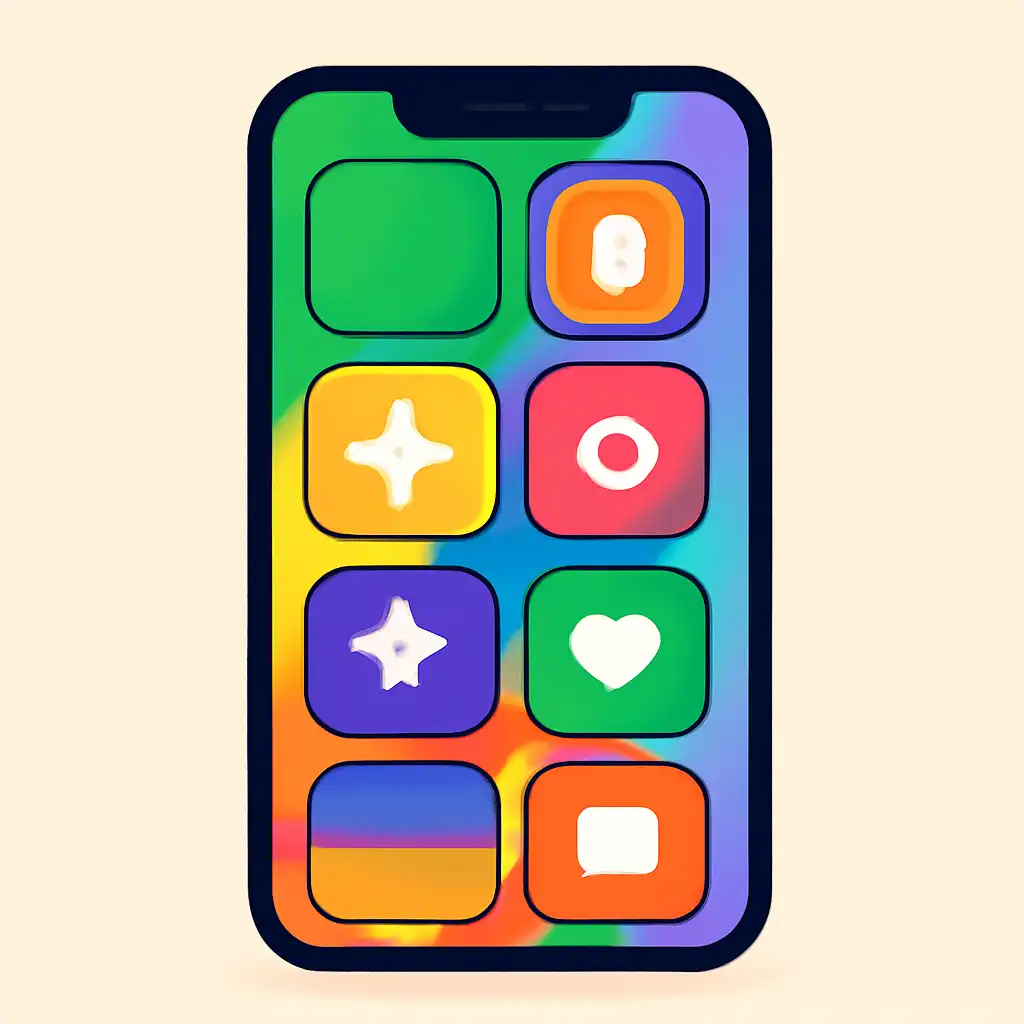 Smartphone shown from the front displaying a colourful flat layout of abstract game icons and rounded tiles (no text, no letters, no labels), Tiranga Lottery