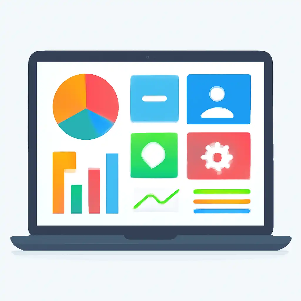 Laptop shown from the front displaying a colourful flat dashboard of abstract charts, bars and icon tiles (no text, no letters, no labels), Tiranga Lottery