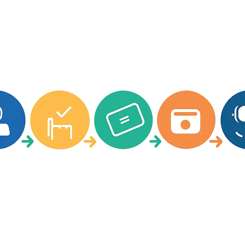Five numbered circular icons connected by arrows in a horizontal flow, flat illustration, icons only, no words, Tiranga Lottery steps