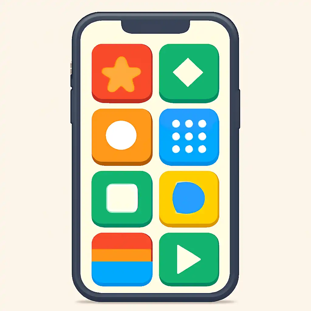 Smartphone shown from the front displaying a colourful flat layout of abstract game icons and rounded tiles (no text, no letters, no labels), Tiranga Lottery