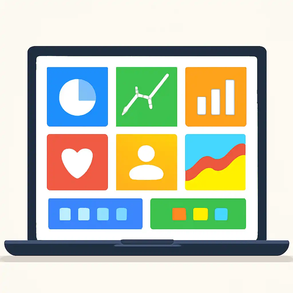 Laptop shown from the front displaying a colourful flat dashboard of abstract charts, bars and icon tiles (no text, no letters, no labels), Tiranga Lottery