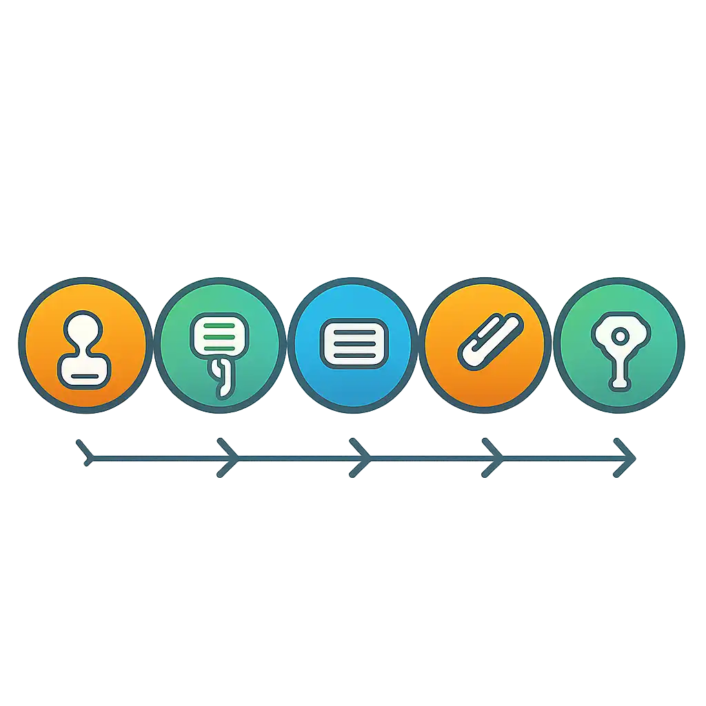 Five numbered circular icons connected by arrows in a horizontal flow, flat illustration, icons only, no words, Tiranga Lottery steps