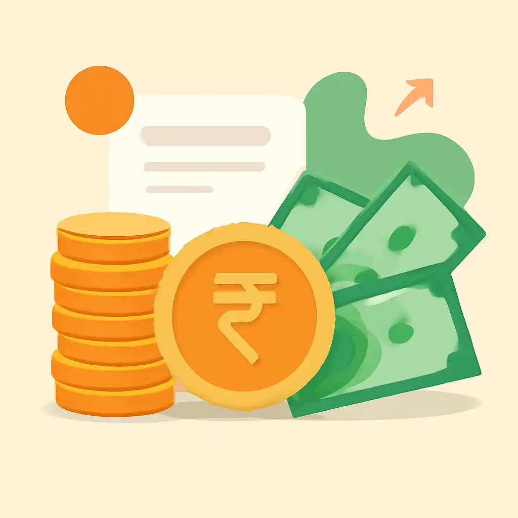 Coins stack and rupee notes: Tiranga Lottery earnings illustration